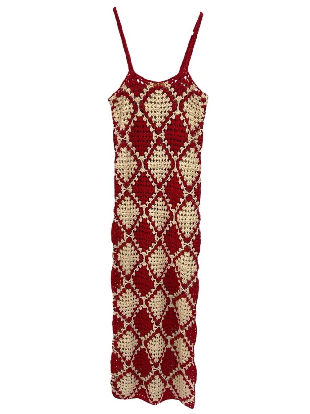 VRG GRL Verge Girl Joni Crochet Boho Maxi Dress Red Cream Granny Square - Small - Picture 4 of 13